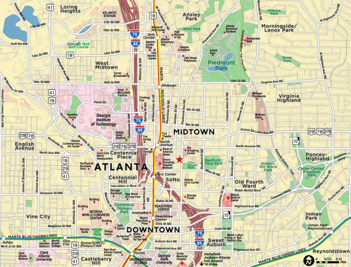 kort af miðbæ Atlanta